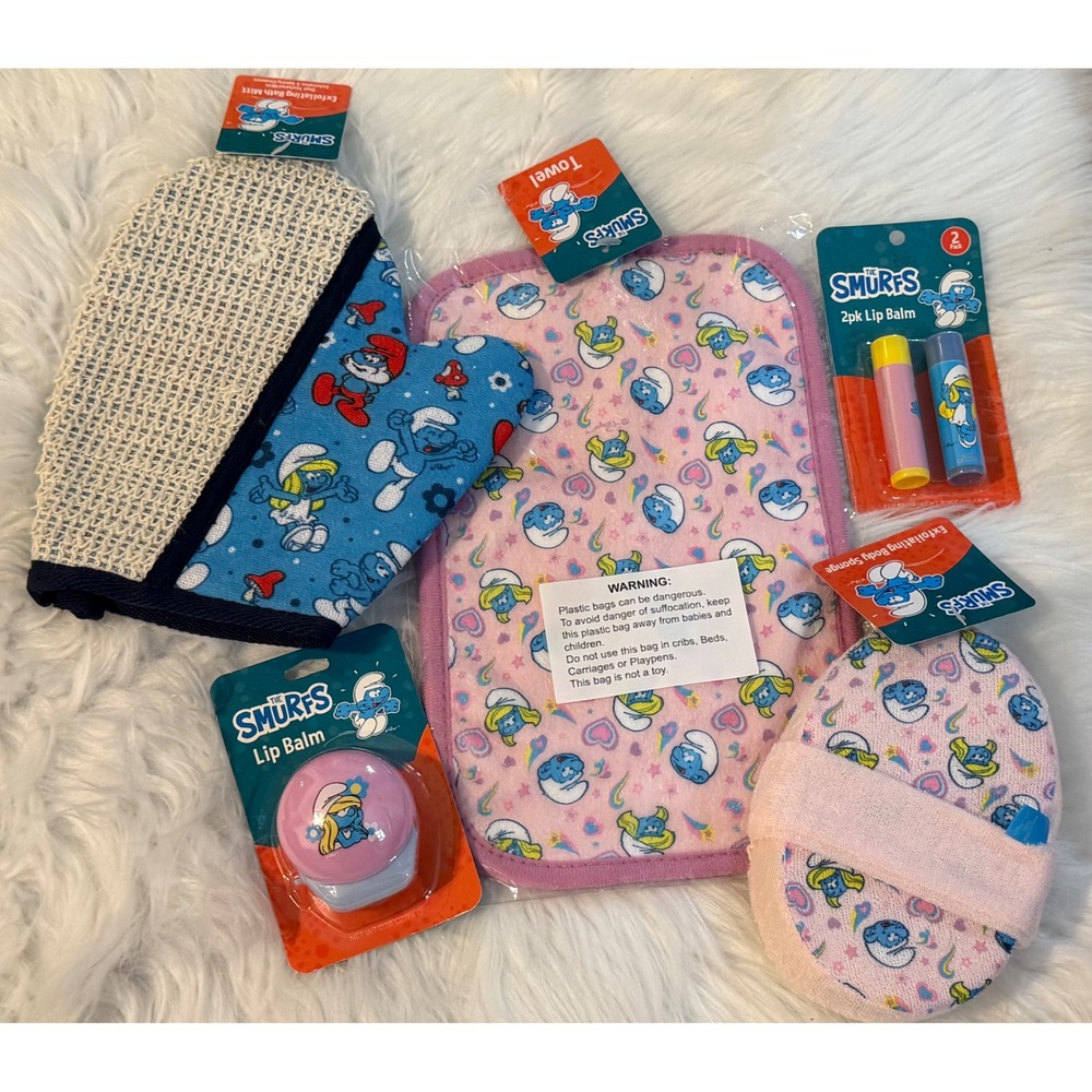 The Smurfs Bath and Beauty Set Mitt Towel Sponge and Lip Balm Bundle 5pc NEW
